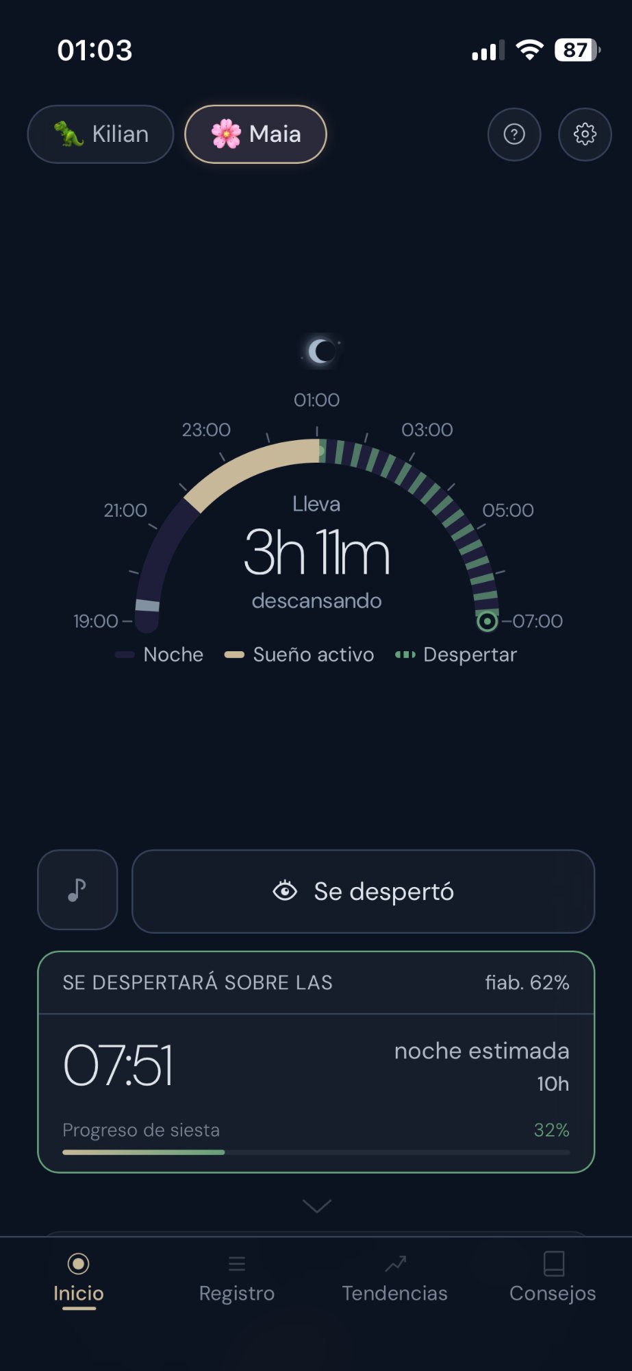 Pantalla principal de Dormia mostrando el reloj de sueño con predicción de próxima siesta