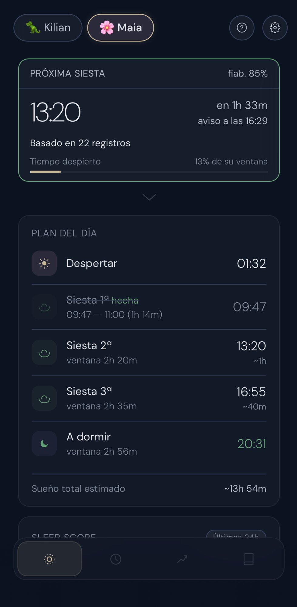 Plan del día con todas las siestas, ventanas de vigilia y hora de dormir calculadas automáticamente