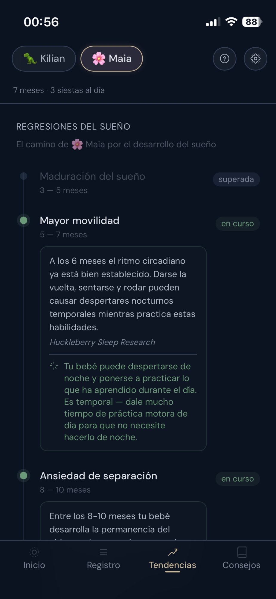 Timeline de regresiones del sueño mostrando maduración, movilidad y ansiedad de separación