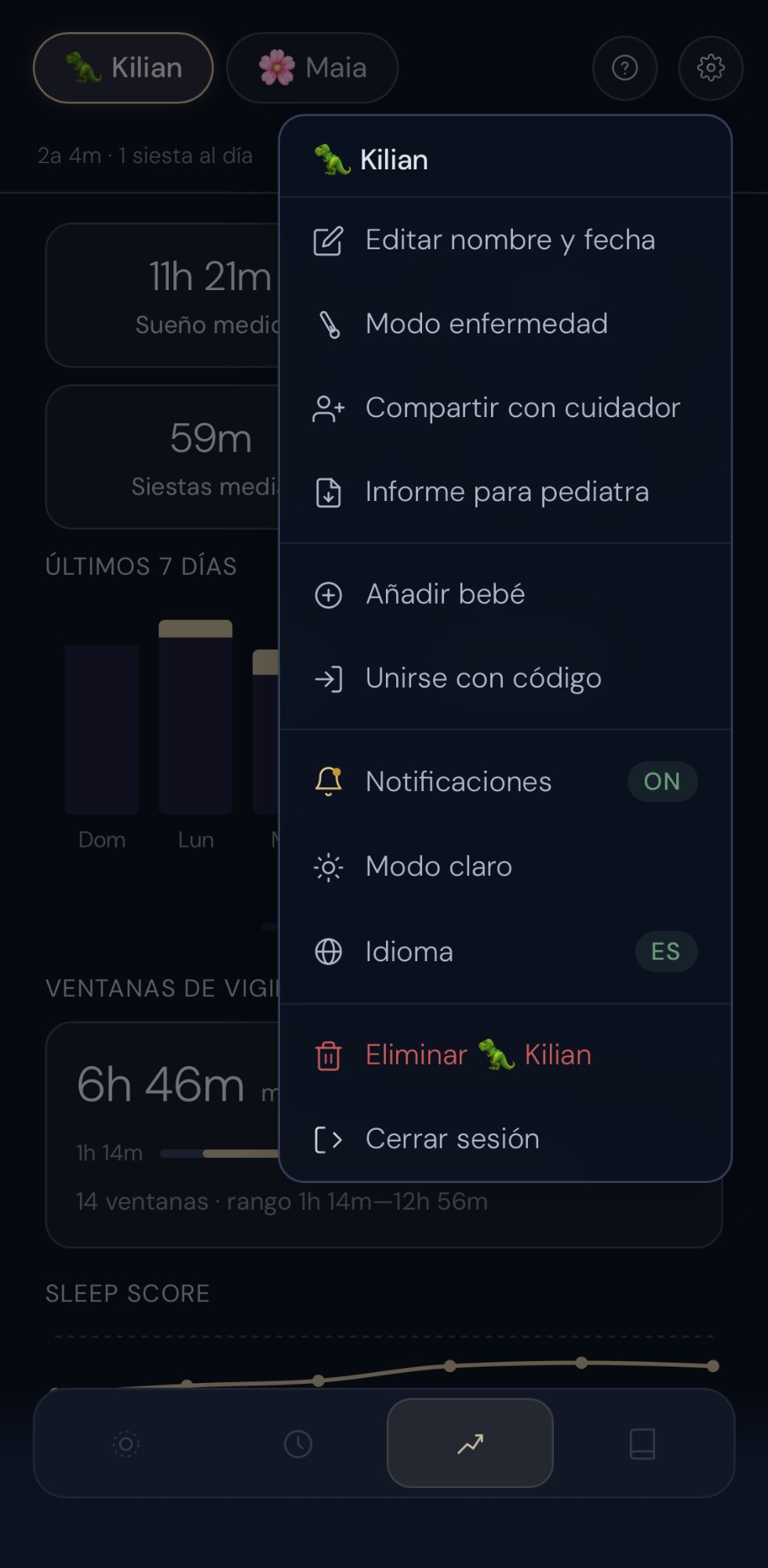 Menú de ajustes con modo enfermedad, informe para pediatra y compartir con cuidador