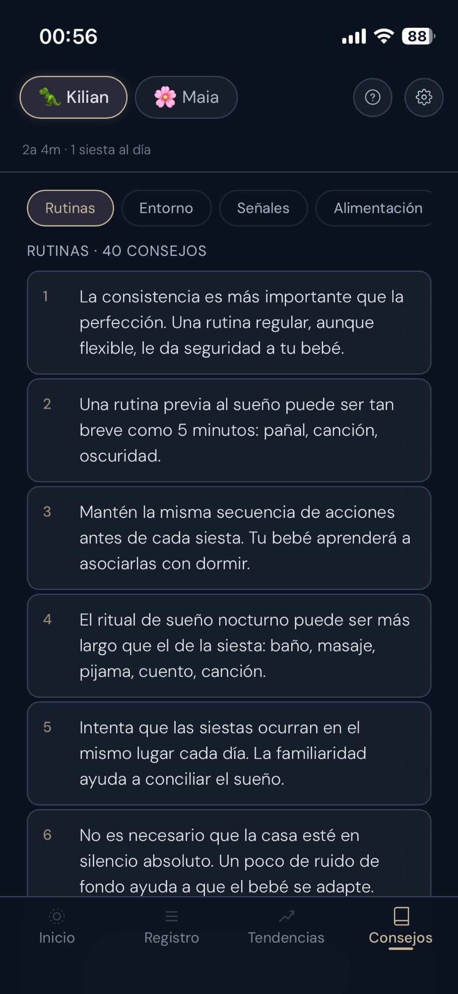 365 consejos de sueño organizados por categorías: rutinas, entorno, señales, alimentación